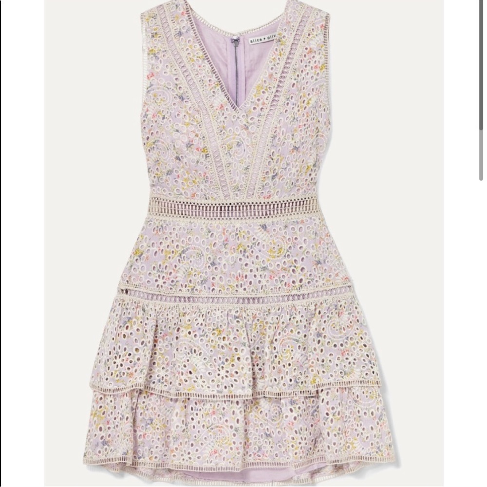 Alice + Olivia Tonie Tiered Floral Mini Dress Purple Women's 0 Eyelet Lace - Picture 4 of 13
